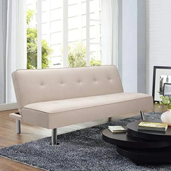 Sofa Bed Convertible Folding Futon Upholstered Sleeper Compact Fabric Recliner Sofa Legs Beige Couch