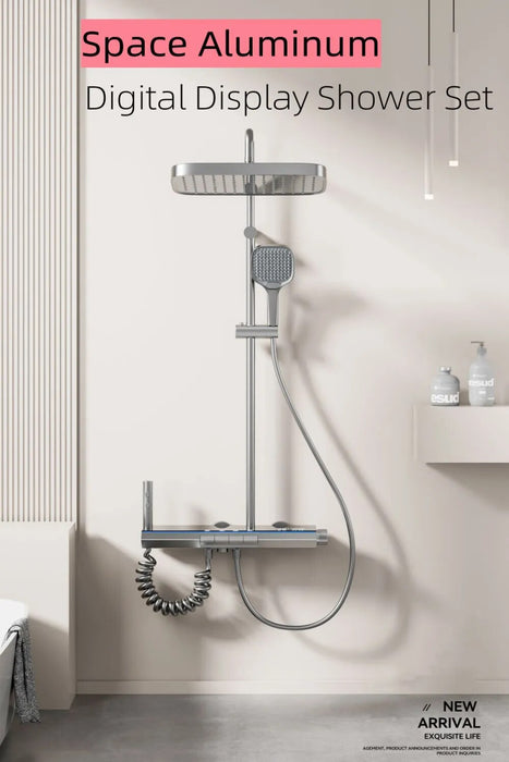Space Aluminum Digital Display Thermostatic Shower Faucet Set , Piano Button With Ambient Light Bathroom Faucets Shower Head