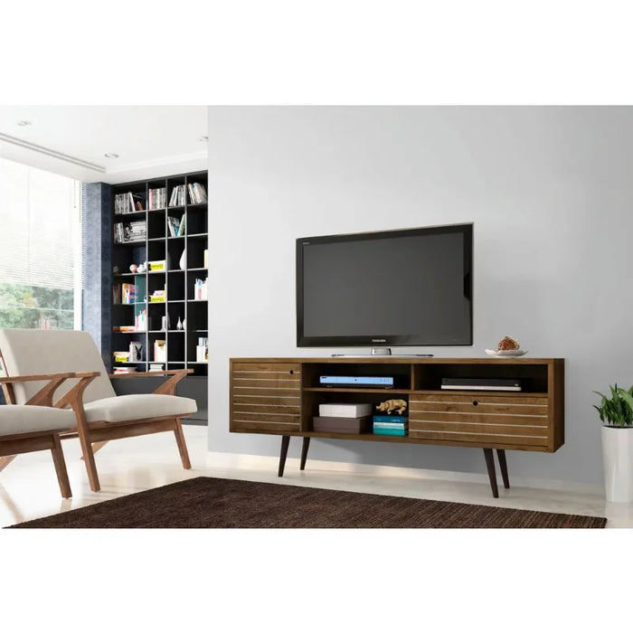 70.86" Mid Century - Modern TV Stand with 4 Shelving Spaces and 1 Drawer, Brown living room furniture  tv stand cabinet