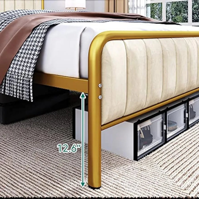 Queen Size Bed Frame, Velvet Bed Frame with Upholstered Headboard, Strong Metal Slats Support Platform Bed, No Box Spring Needed