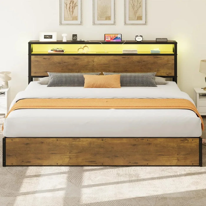 Lifting storage bed frame, bed frame with double storage shelf headboard, LED light platform bed frame with charging station