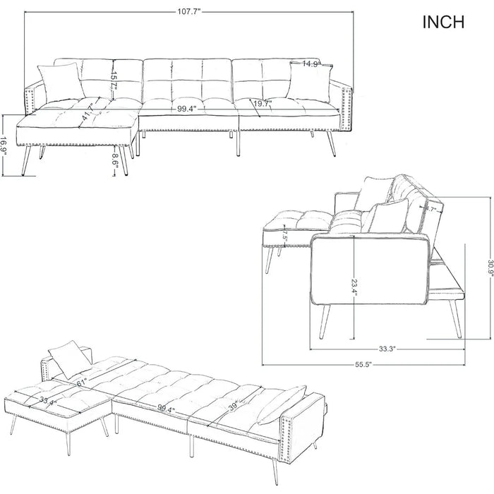 Velvet convertible sofa bed, double-sided chaise longue for living room furniture set, modular L-shaped corner sofa