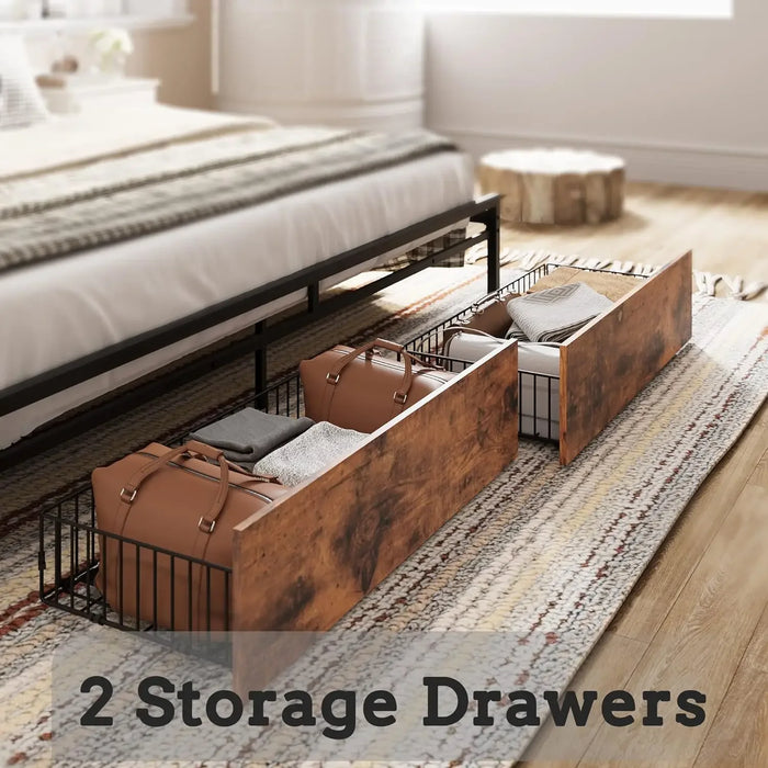 LIKIMIO King Size Bed Frame, Storage Headboard with Charging Station, Platform Bed with Drawers, No Box Spring Needed