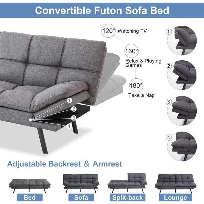 Futon Sofa Bed Memory Foam Futon Sofa Sleeper Couch,Convertible Modern Futon,w/Adjustable Armrests Backrest,Linen Fabric