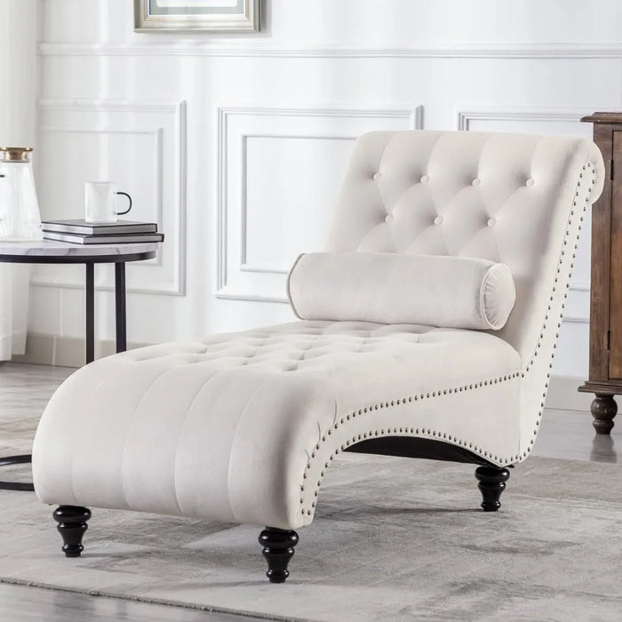 Velvet Button-Tufted Chaise Lounge Chair Leisure Sofa for Indoor Living Room with Bolster Pillow, Nailhead Trim and Turned Legs