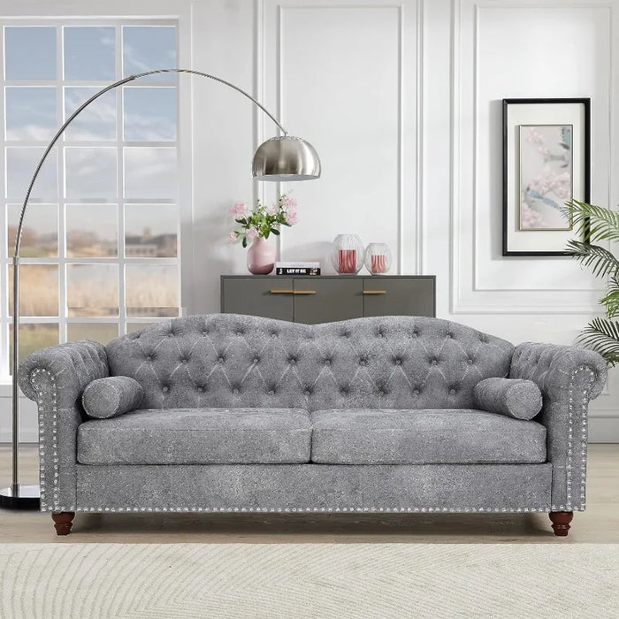 Upholstered Sofa Couch with Deep Seats, Comfy Chesterfield Leather Sofa with 2 Pillows, Traditional Tufted Sofa for Living Room