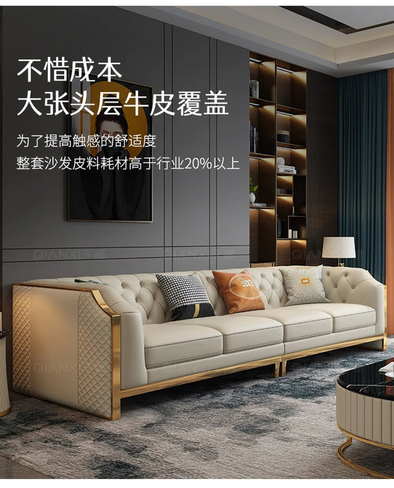 Villa living room light luxury modern simple high-end atmosphere leather sofa head layer cowhide row of four people