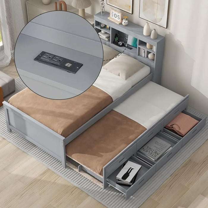 Twin platform bed with storage headboard, solid wood captain bed with twin castors, 3 drawers and USB plug