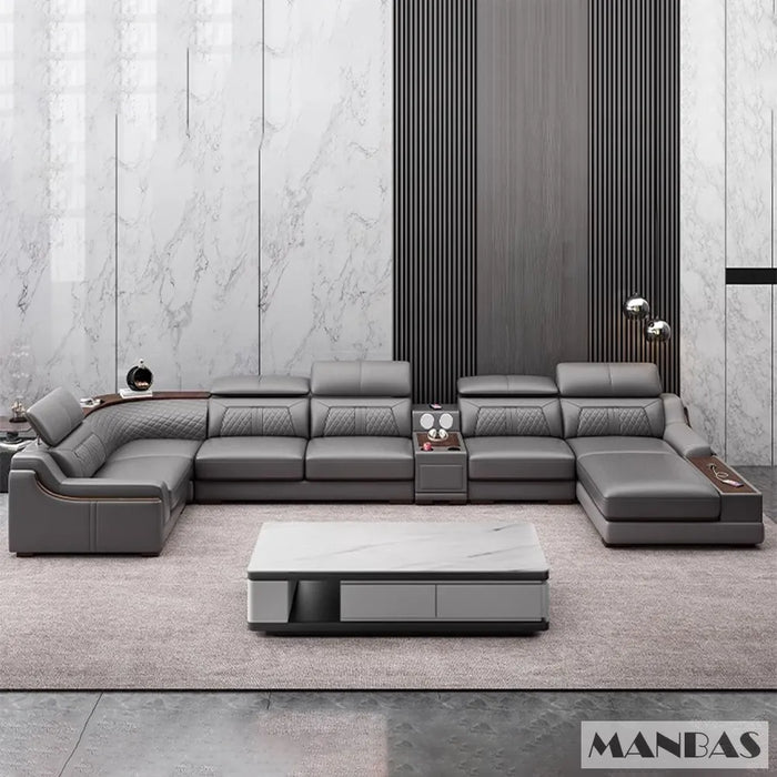 Premium Italian Leather Couch Set with Cup Holder, USB, Adjustable Headrests & Bluetooth Speaker - Linlamlim Living Room Sofas