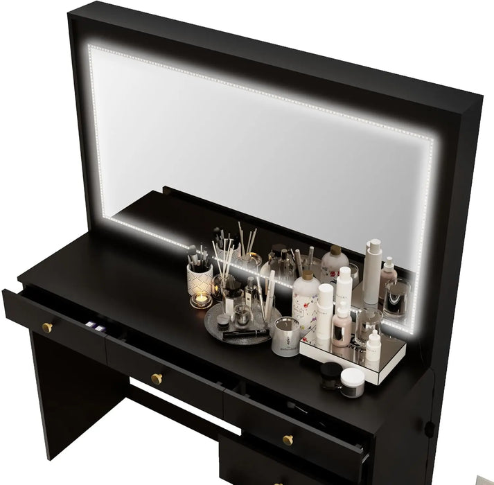 Modern Black Vanity Desk with Mirror and LED Lights, 7 Drawers, Golden Knobs, Sleek and Elegant Black Makeup Desk for Bedroom