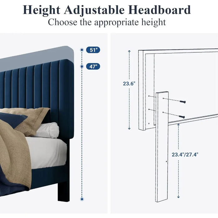 Large bed frame, velvet padded bed with adjustable vertical channel tufted headboard, mattress base, easy to assemble, bed