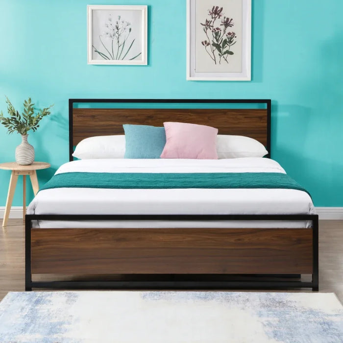 Industrial style platform large bed frame, with headboard and foot board, single bed, comfortable double bed, frame bed