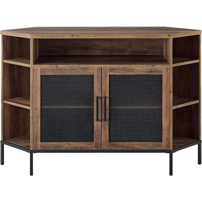 Modern Metal Mesh and Wood Corner Universal TV Stand with Open Shelves Cabinet Doors Storage 48 Inch, Rustic Oak