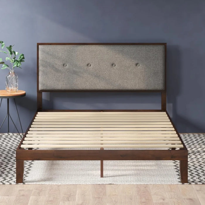 Moiz Wood Platform Bed Frame with Adjustable Upholstered Headboard / Solid Wood Bed / Wood Slat Support / No Box Spring Needed