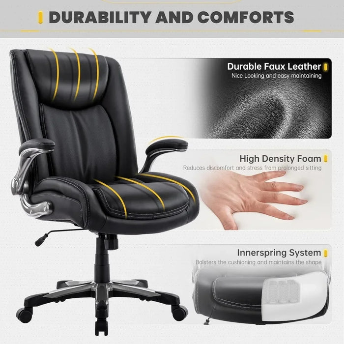 Big and Tall Office Chair 400lbs, Large Heavy Duty High Back Executive Computer Desk Chairs Flip-up Arms Wide Thick Seat , Black