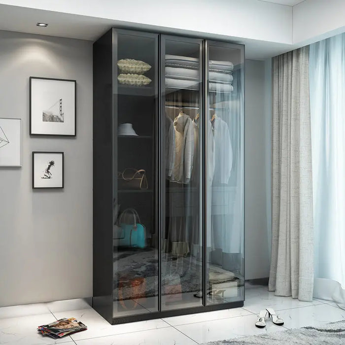 Toughened glass wardrobe family bedroom swing door cloakroom panel wardrobe modern simplicity