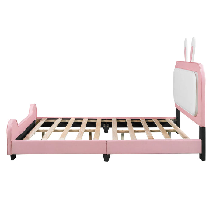 [Flash Sale]Full/Twin Size Upholstered Rabbit-Shape Princess Bed Platform Bed Frame with Headboard & Footboard White+Pink[US-W]