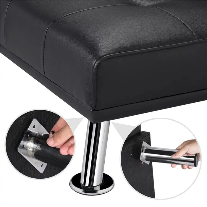 Modern Faux Leather Futon With Cupholders and Pillows Sofa Living Room Sofas Black Furniture Home Sofas