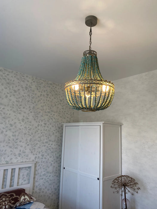 Modern Loft Retro Chandelier E27 Blue Wooden Bead Chandelier Boho Style Decor Light Living Room Bedroom Hotel Kitchen Lamp