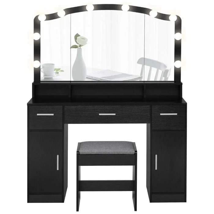 Dresser, 43.3" with Illuminated Mirrors, 10 LED Lights with 3 Drawers, 2 Cabinets and Long Storage Shelves with Stools, Dresser