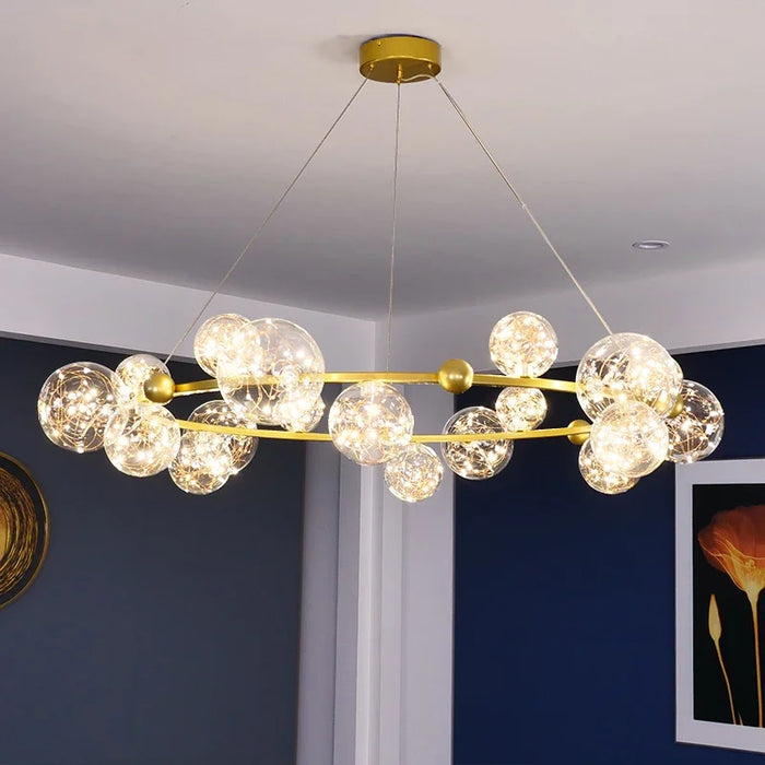 Nordic Led Glass Ball Chandelier with Remote Control Long Ring Golden Living Dining Room Pendant Home Decoration Indoor Lighting