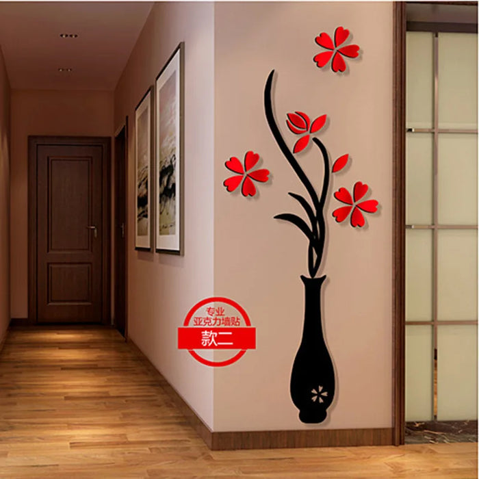 Creative 3d Acrylic Crystal Stickers Vase Plum Three-dimensional Wall Stickers Living Room TV Background Wall Decoration Home