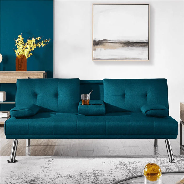 Modern Fabric Reclining Futon with Cupholders and Pillows, Aqua Blue, Suitable for Small Apartments, Lofts, Dorms