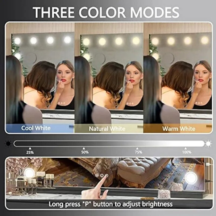 Makeup Mirror, Light up Mirror with 14 Dimmable LED Lights and 10X Magnification,  USB Charging Port, Black dresser