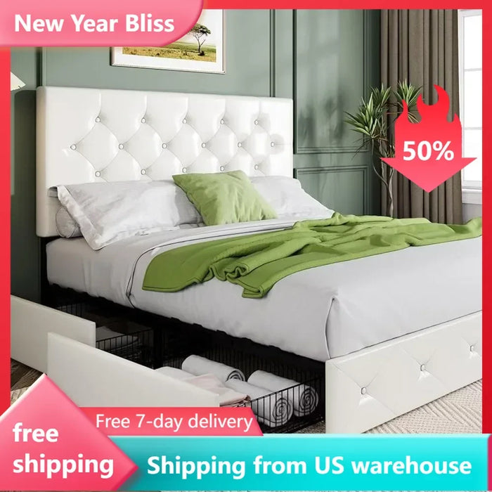 Upholstered full-size platform bed frame with 4 storage drawers and headboard with mattress base supported by wooden slats