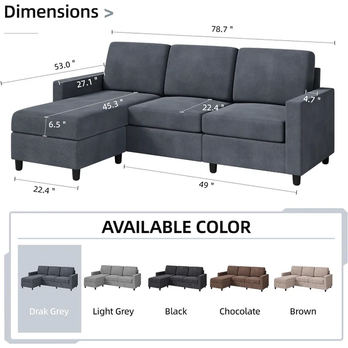 Shintenchi Convertible Sectional Sofa Couch, Modern Linen Fabric L-Shaped , 3-Seat Sofa Sectional with  Space (Dark Grey)