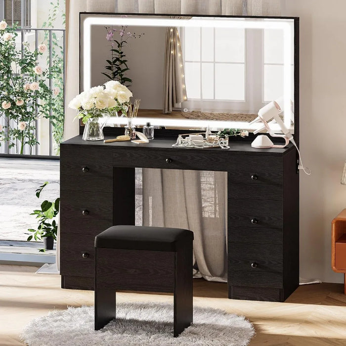 Makeup table with LED illuminated mirror and power socket,7-drawer makeup table with stool,bedroom use, black,dressing table set