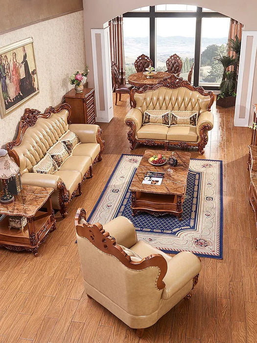 Leather sofa solid wood suite villa first floor leather living room luxury retro sofa