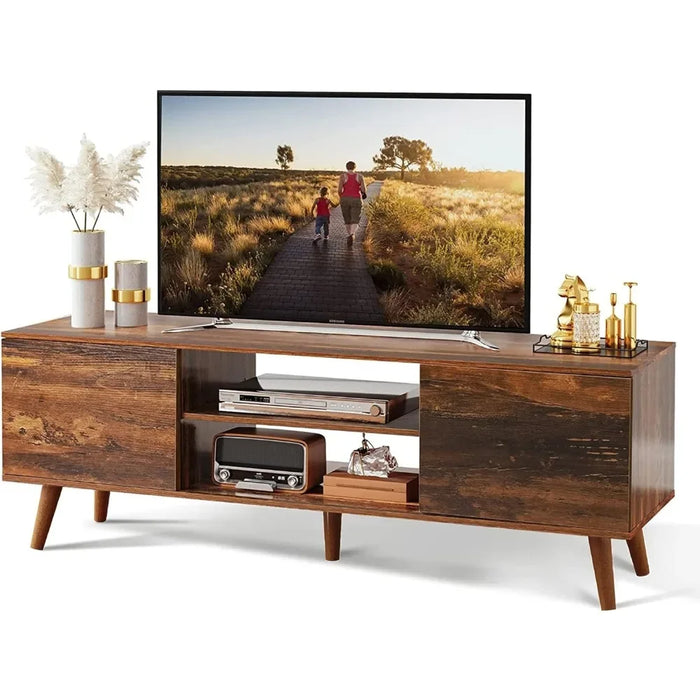 Mid Century Modern TV Console Tv Stand Living Room Furniture Entertainment Center With Storage for Living Room Retro Brown Table