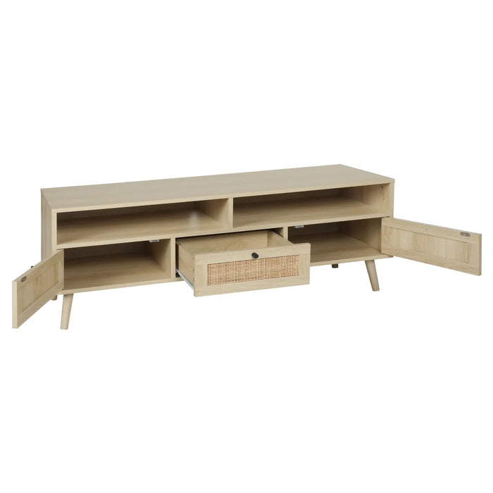 BOUSSAC Rattan TV Stand with Solid Wood Feet, TV Storage Shelf Cabinet, Modern TV Console Table for Home and Office, Natural