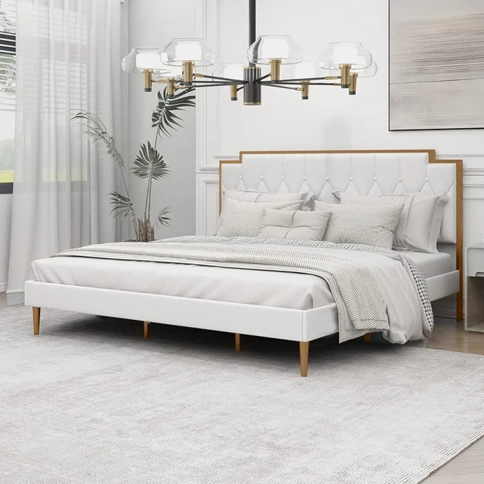 Upholstered Platform King Size Bed Frame with Headboard Premium Stable Wood Slat Support No Box Spring Required Cream Bedroom