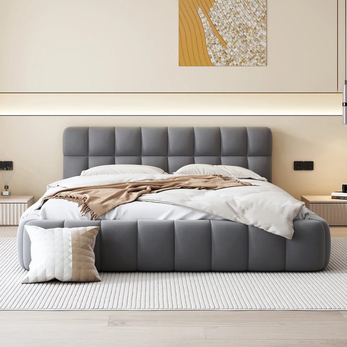 [Flash Sale]Queen Size Upholstered Platform Bed with Thick Fabric Grounded Bed with Solid Frame Beige/Gray[US-W]