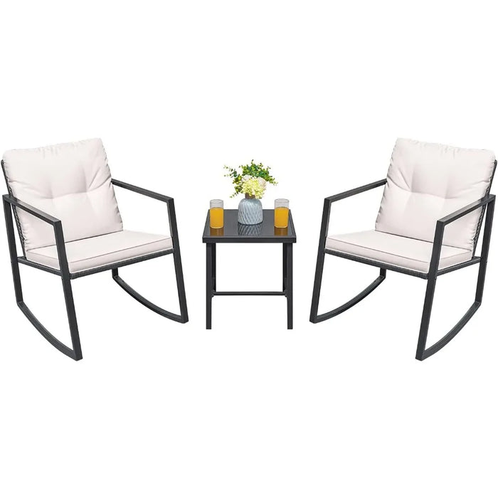 Rocking Wicker Bistro Set, Patio Outdoor Furniture Conversation Sets with Porch Chairs and Glass Coffee Table, Beige