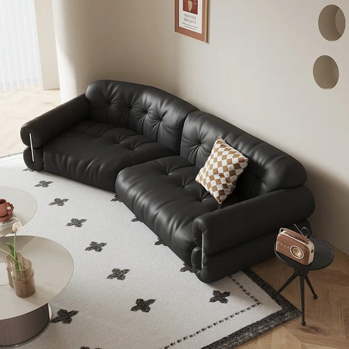 French retro light luxury leather sofa three middle black straight line head layer cowhide sofa