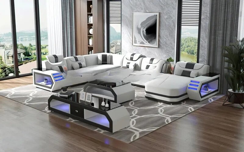 MANBAS Italian Genuine Leather Sectional Sofa with LED Lights | Futuristic Furniture U Shape Couch Living Room Big Sofas Set