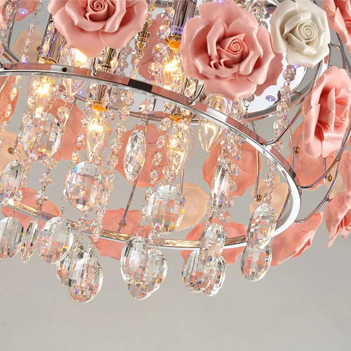 Modern Pink Crystal Chandelier Romantic Rose Flower Ceiling Lamp Pendant Light Girl Room Luxury Princess