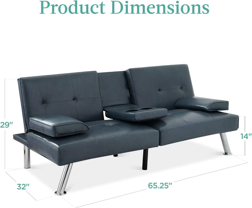 Faux Leather Upholstered Modern Convertible Futon, Adjustable Folding Sofa Bed, Guest Bed w/Removable Armrests