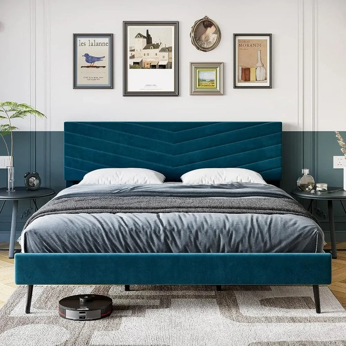 King Size Bed Frame, Platform Bed Frame with Adjustable Headboard, Upholstered Bed Frame King, Wood Slats Support, No Box Spring