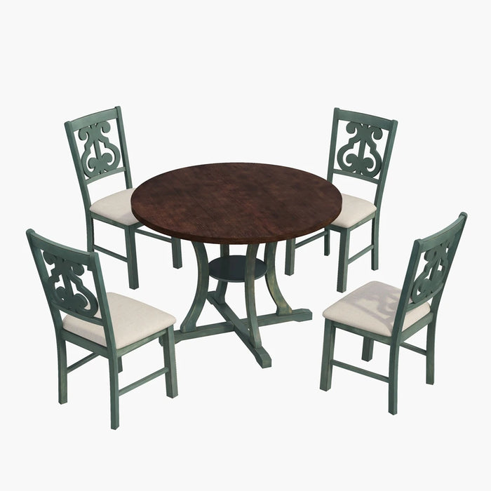 Luxury Dining Table and Chair Set Exquisitely Designed Hollow Chair Back for Dining Room (Antique Blue& Dark Brown)