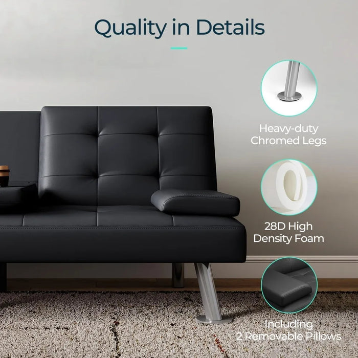 Futon Sofa Bed, Faux Leather Sleeper Sofa with Mattress and Frame, Convertible Futon Couch for Living Room, Black