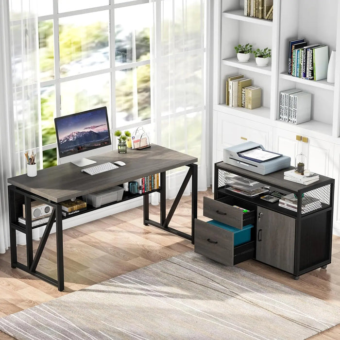 Tribesigns Office Desk with Cabinet Drawers, 55 inches Executive Desk,L Shaped Computer Desk with Storage Shelves and Mobile