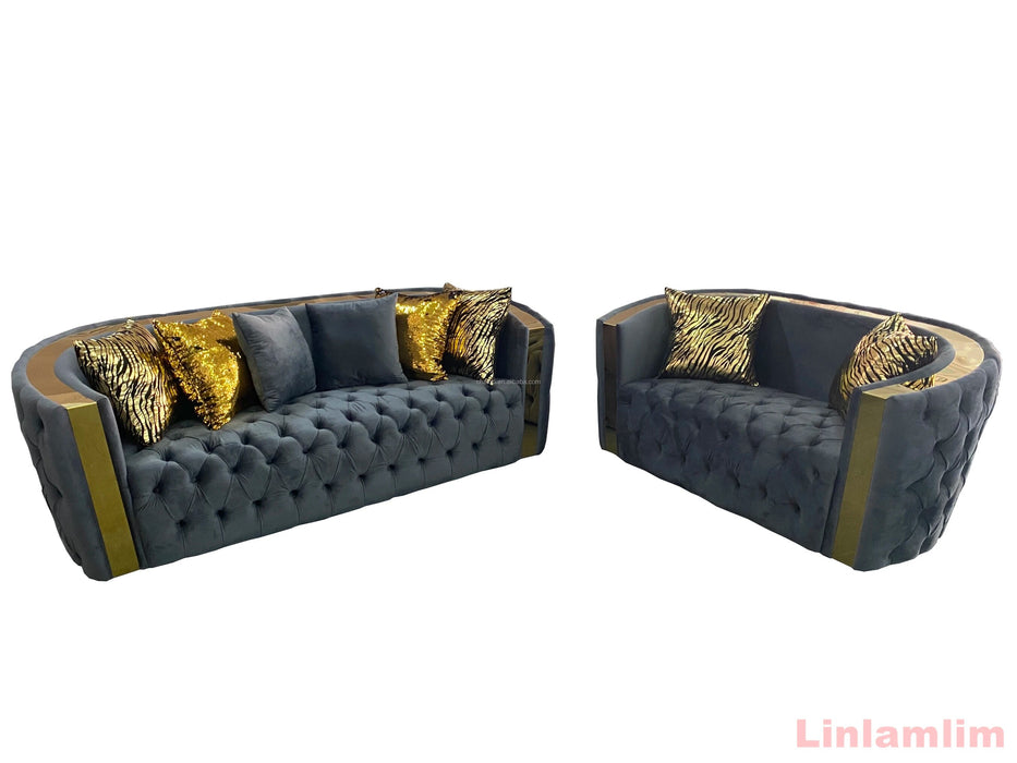 Chesterfield Living Room Sofa Sets Italian Genuine Leather Sectional Couch with Leather Buttons, Stainless Steel Trims
