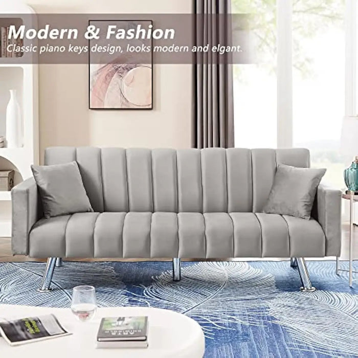 Sofa Bed, Upholstered Convertible Sofa Bed with 2 Pillows, Modern Sleeper Sofa Couch with Wooden Frame and Metal Legs (Gray)