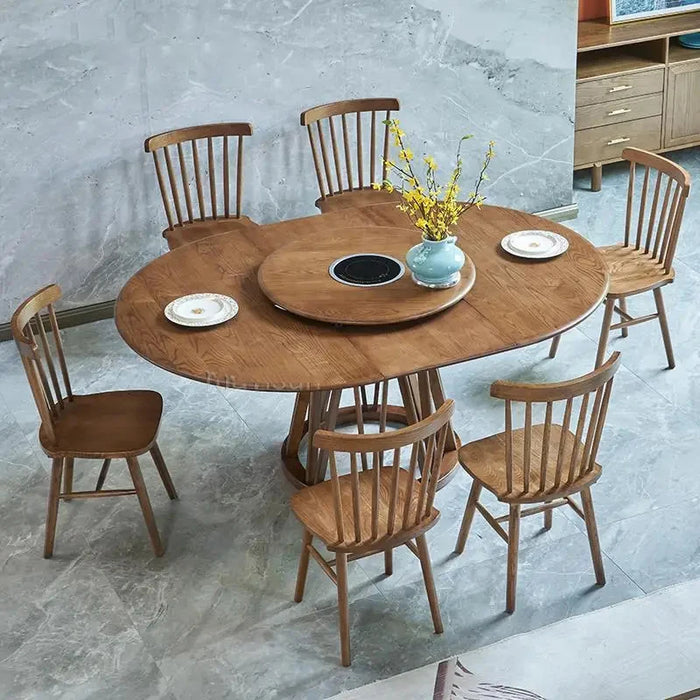 Classical Solid Wood Kitchen Table Sets 6 Chairs Extendable Round Dining Tables With Turntable For Dinner Minimalist Furniture