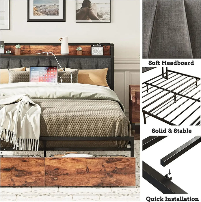 LIKIMIO King Size Bed Frame, Storage Headboard with Charging Station, Platform Bed with Drawers, No Box Spring Needed