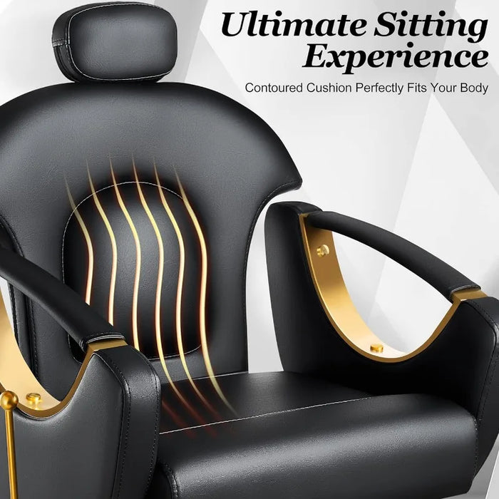 Baasha Ergonomic Reclining Hair Salon Chair, Gold Styling, Removable Headrest, 360 Swivel, Black